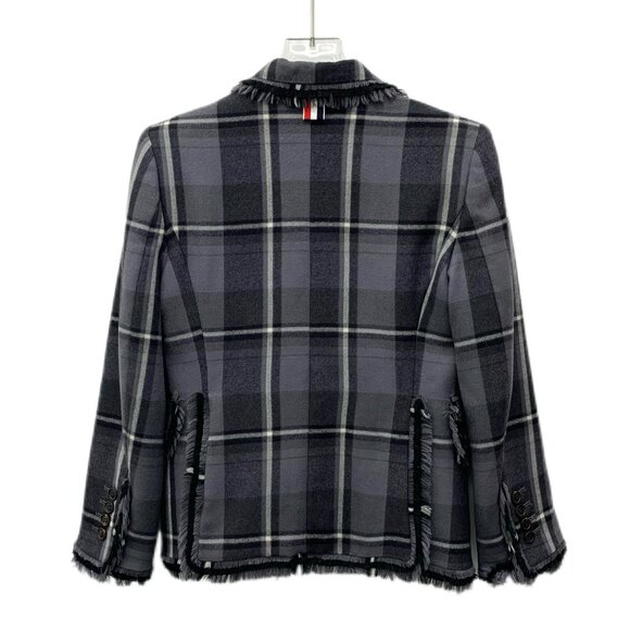 CW0711 Thom Browne Plaid Fringed Wool Blazer Jacket - Picture 2 of 8